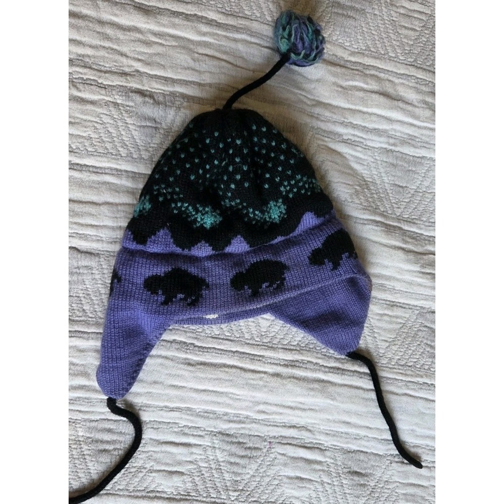 Vintage Wapiti Woolies Handmade Wool Bison/Buffalo Earflap Hat Greenwater WA